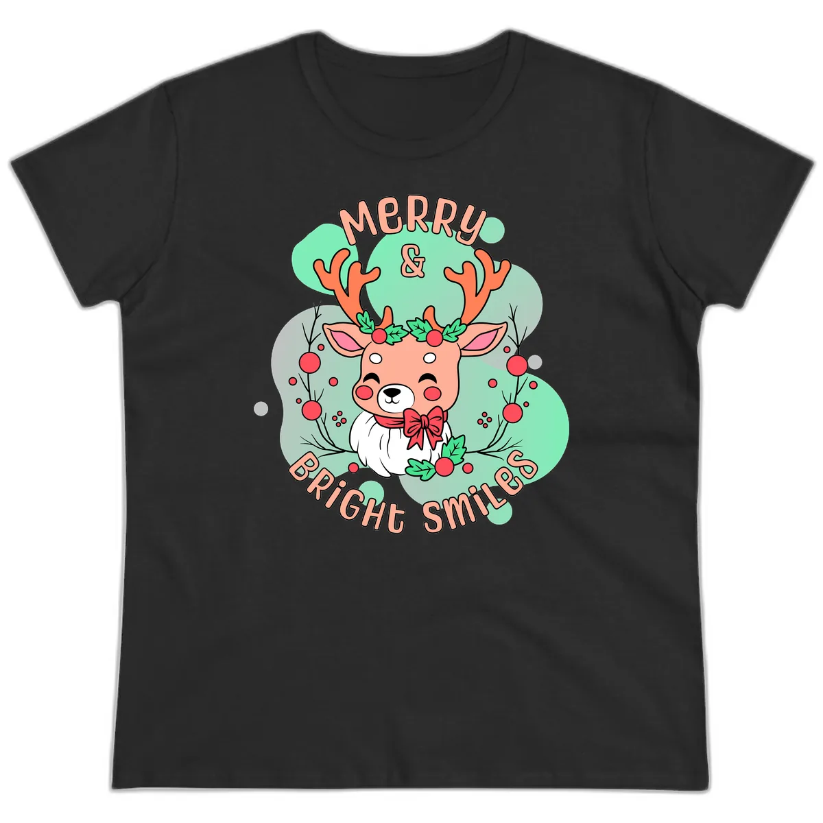 Merry And Bright Smiles Reindeer Ladies Tee in Black