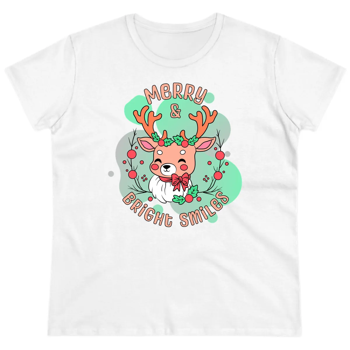 Merry And Bright Smiles Reindeer Ladies Tee in White