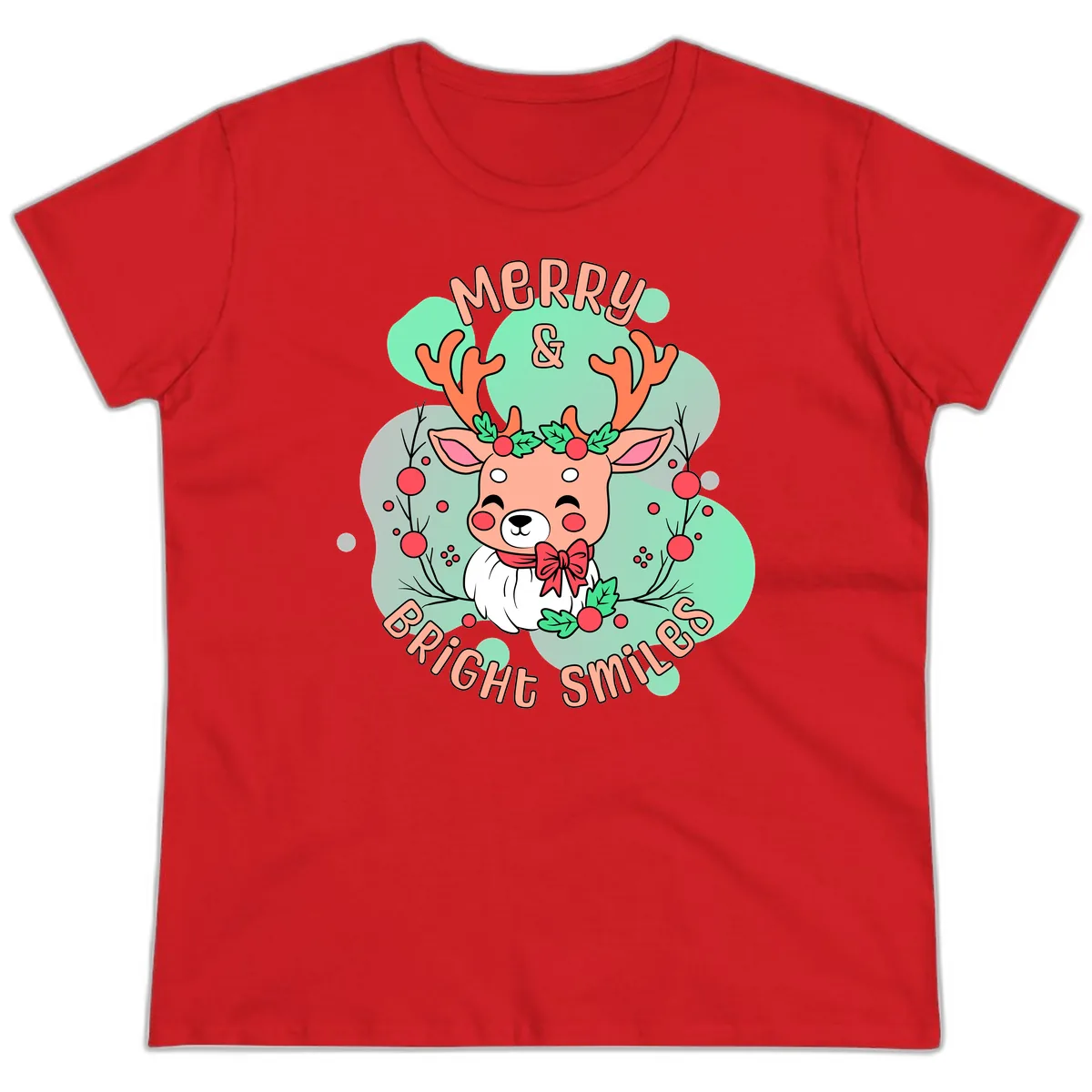 Merry And Bright Smiles Reindeer Ladies Tee in Red
