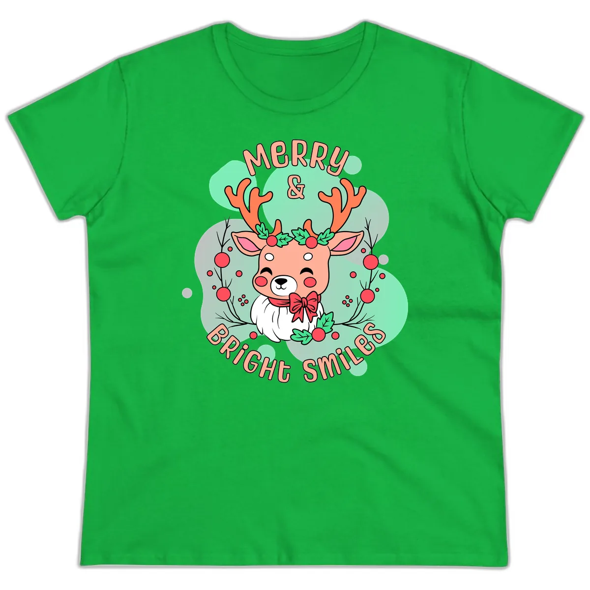 Merry And Bright Smiles Reindeer Ladies Tee in Irish Green