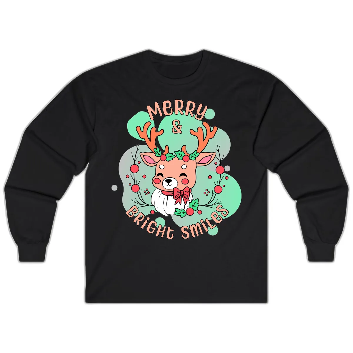Merry And Bright Smiles Reindeer Long Sleeve in Black