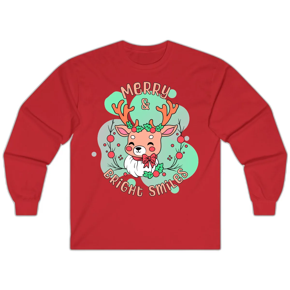 Merry And Bright Smiles Reindeer Long Sleeve in Red