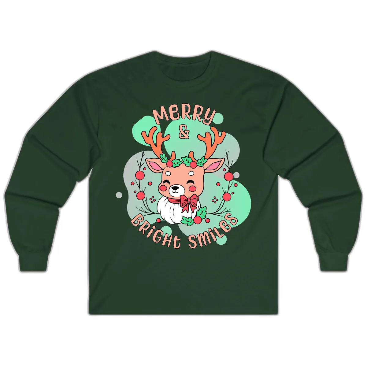 Merry And Bright Smiles Reindeer Long Sleeve in Forest Green