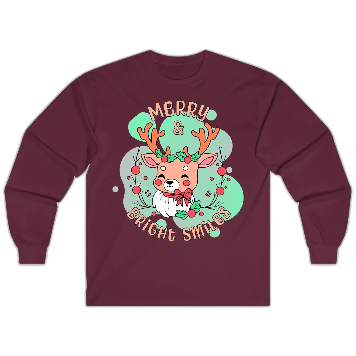 Merry And Bright Smiles Reindeer Long Sleeve in Maroon