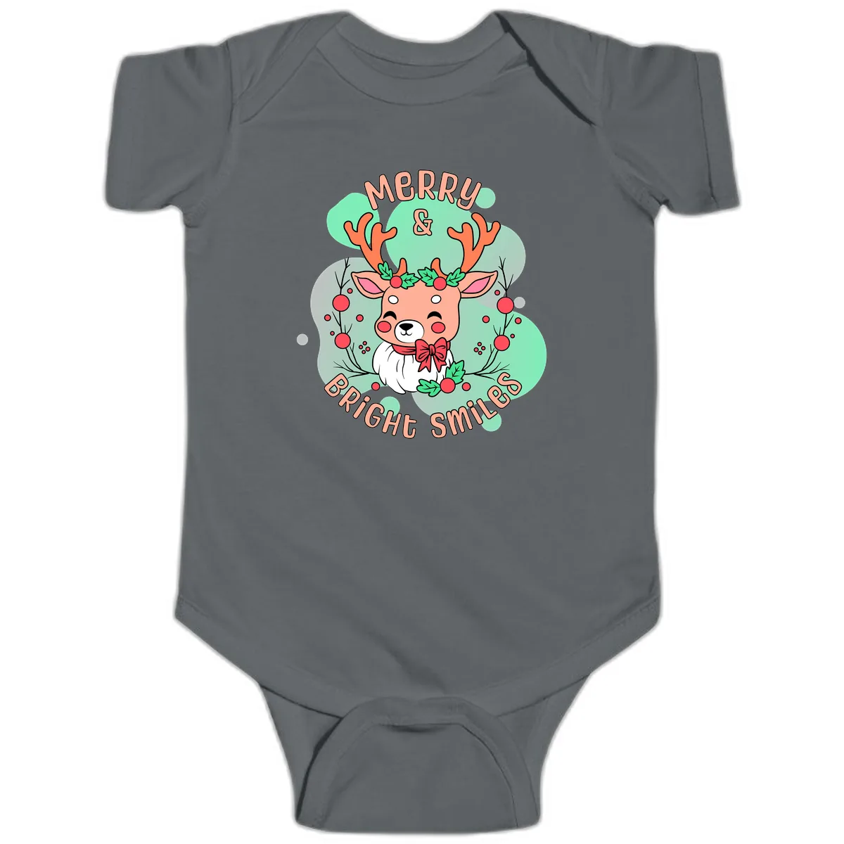 Merry And Bright Smiles Reindeer Baby Onesie in Charcoal
