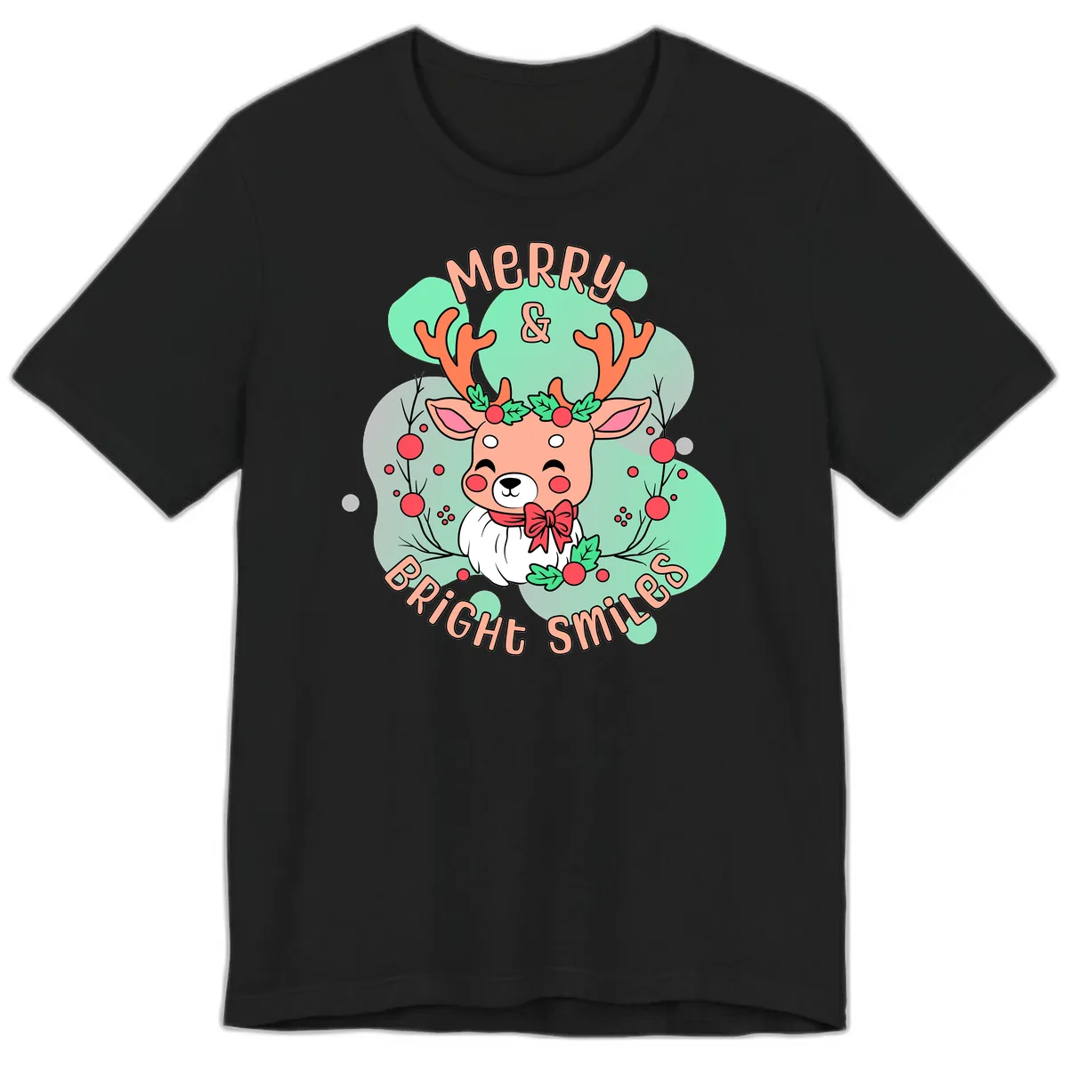 Merry And Bright Smiles Reindeer Premium T-Shirt in Black