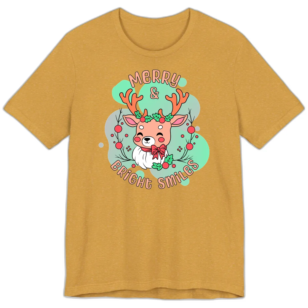 Merry And Bright Smiles Reindeer Premium T-Shirt in Heather Mustard