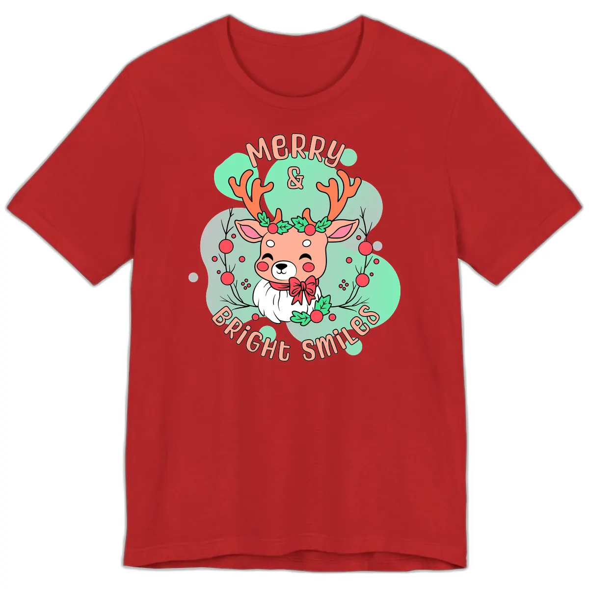 Merry And Bright Smiles Reindeer Premium T-Shirt in Red