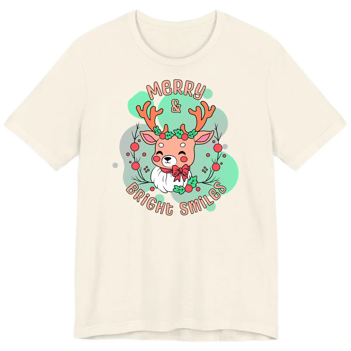 Merry And Bright Smiles Reindeer Premium T-Shirt in Natural