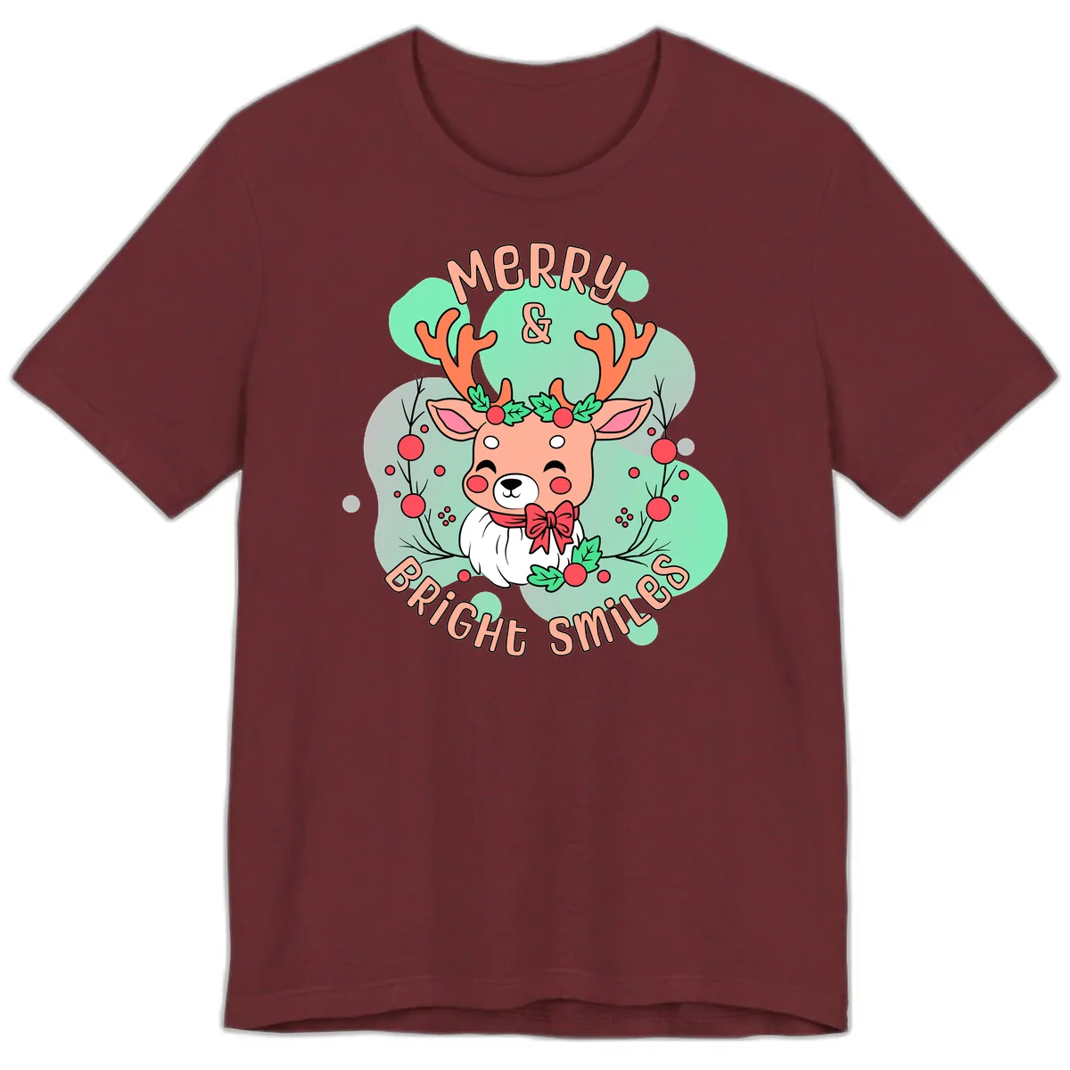 Merry And Bright Smiles Reindeer Premium T-Shirt in Heather Cardinal
