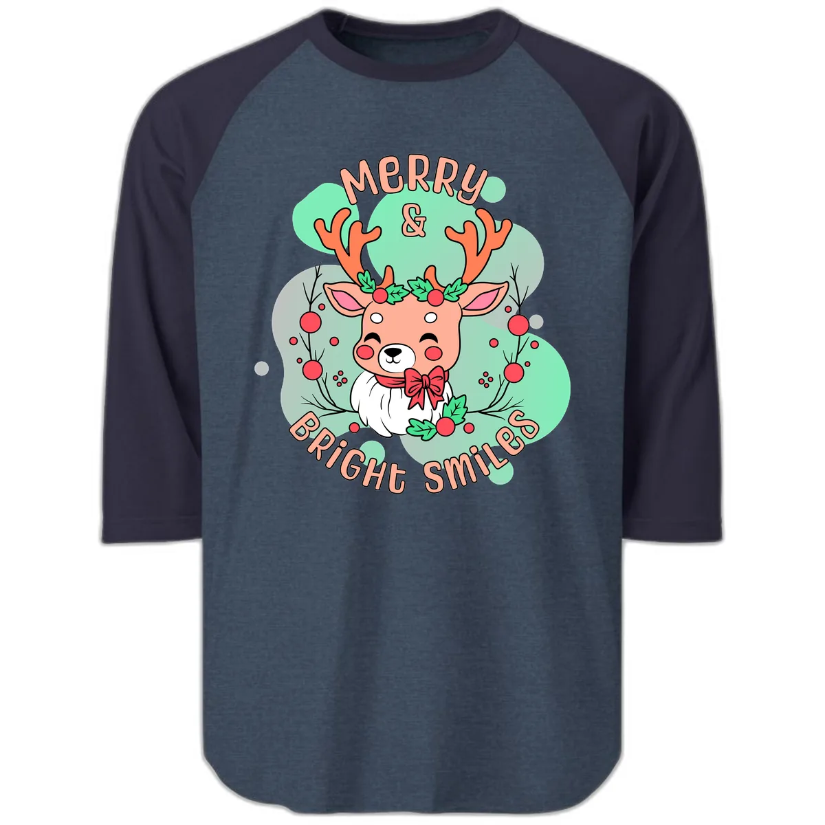 Merry And Bright Smiles Reindeer Raglan 3/4 in Heather Denim Navy
