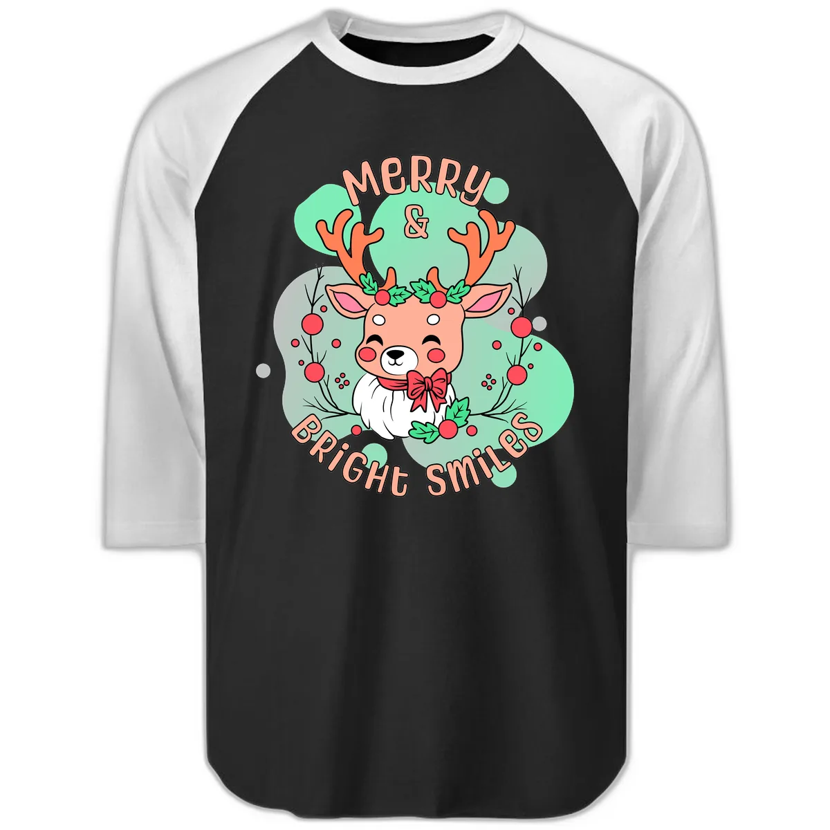 Merry And Bright Smiles Reindeer Raglan 3/4 in Black White