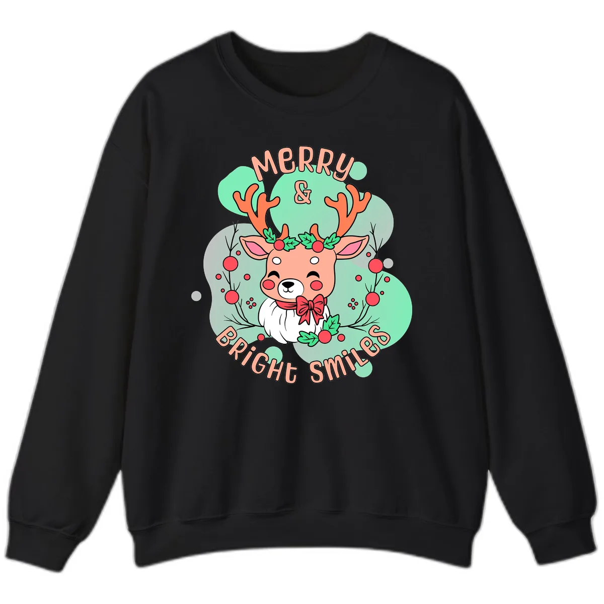 Merry And Bright Smiles Reindeer Sweatshirt in Black
