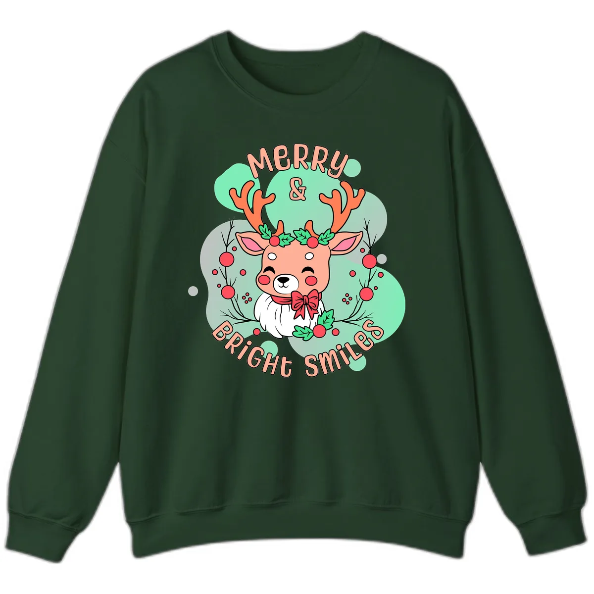 Merry And Bright Smiles Reindeer Sweatshirt in Forest Green