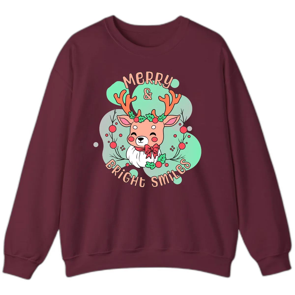 Merry And Bright Smiles Reindeer Sweatshirt in Maroon