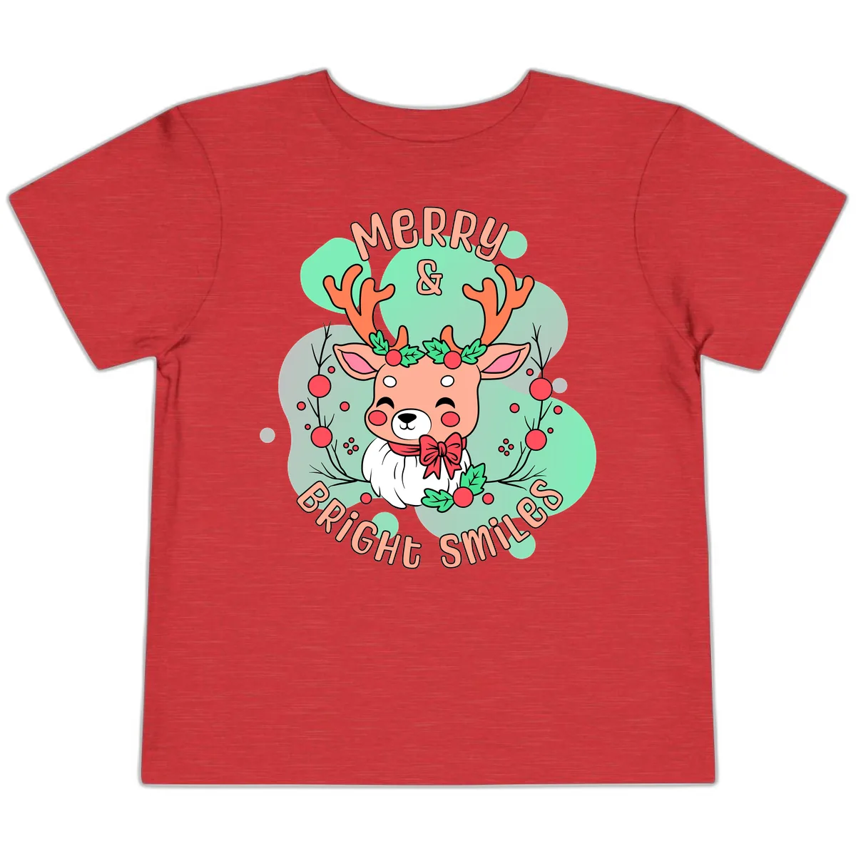 Merry And Bright Smiles Reindeer Toddler T-Shirt in Heather Red