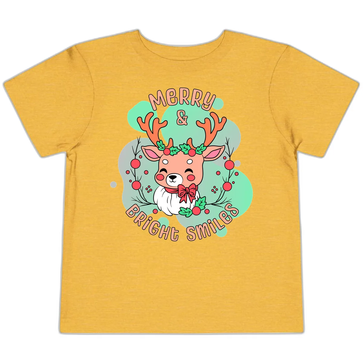 Merry And Bright Smiles Reindeer Toddler T-Shirt in Heather Yellow Gold