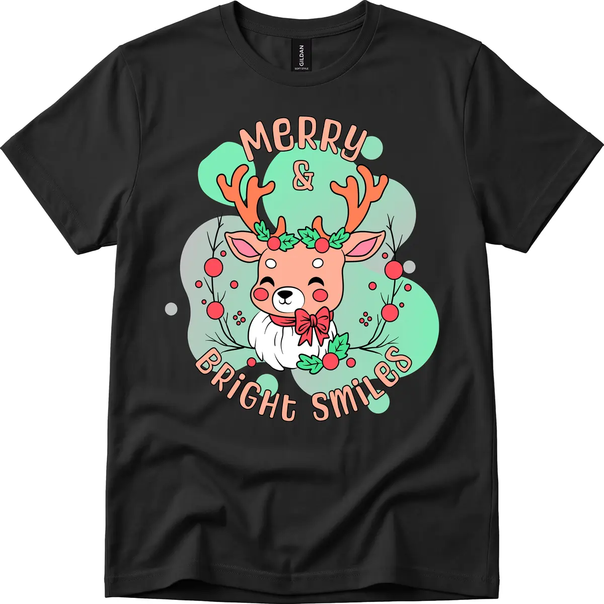 Merry And Bright Smiles Reindeer T-Shirt in Black