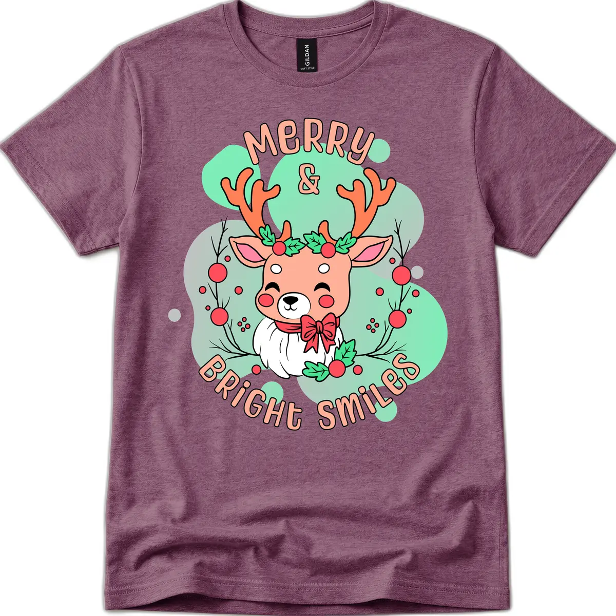 Merry And Bright Smiles Reindeer T-Shirt in Heather Maroon