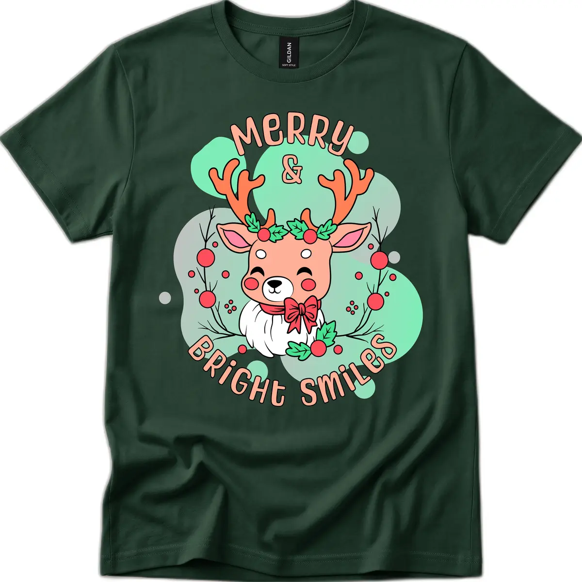 Merry And Bright Smiles Reindeer T-Shirt in Forest Green