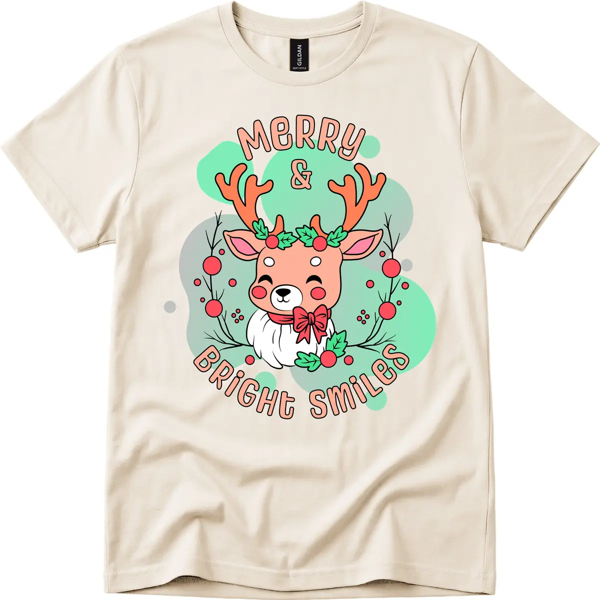 Merry And Bright Smiles Reindeer T-Shirt in Natural