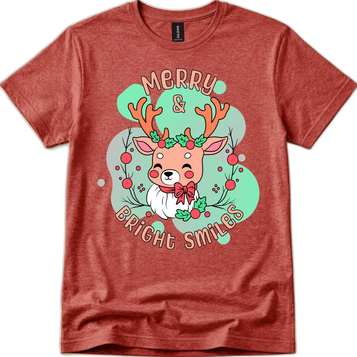 Merry And Bright Smiles Reindeer T-Shirt in Heather Cardinal
