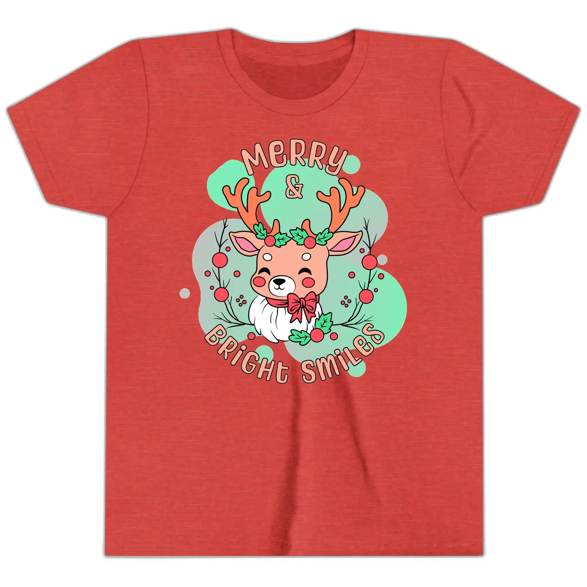 Merry And Bright Smiles Reindeer Youth T-Shirt in Heather Red
