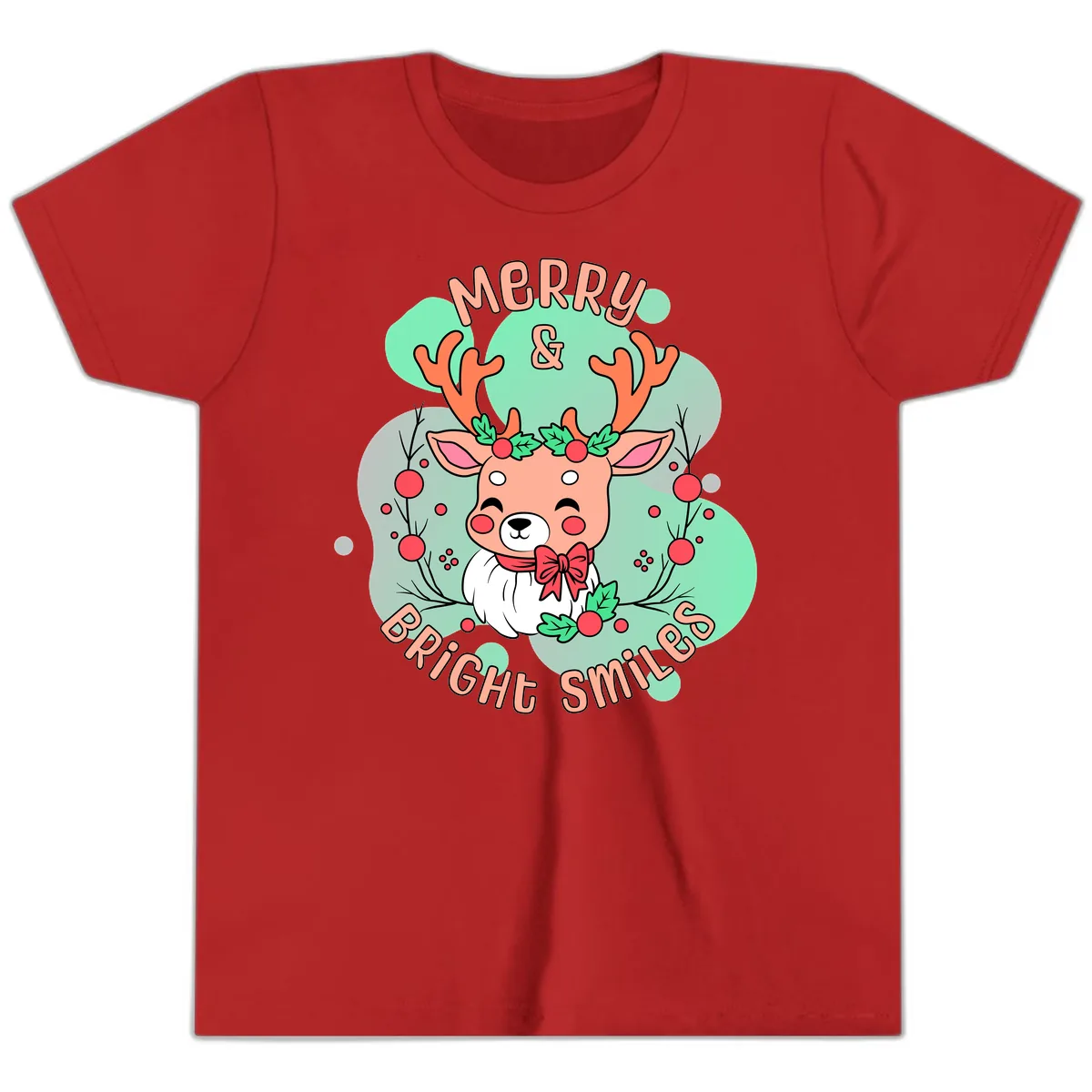 Merry And Bright Smiles Reindeer Youth T-Shirt in Red