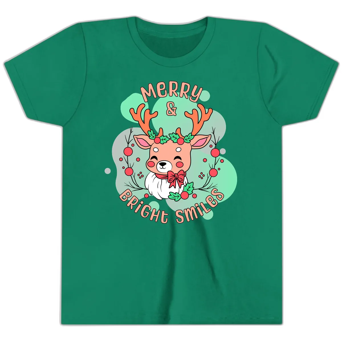 Merry And Bright Smiles Reindeer Youth T-Shirt in Kelly