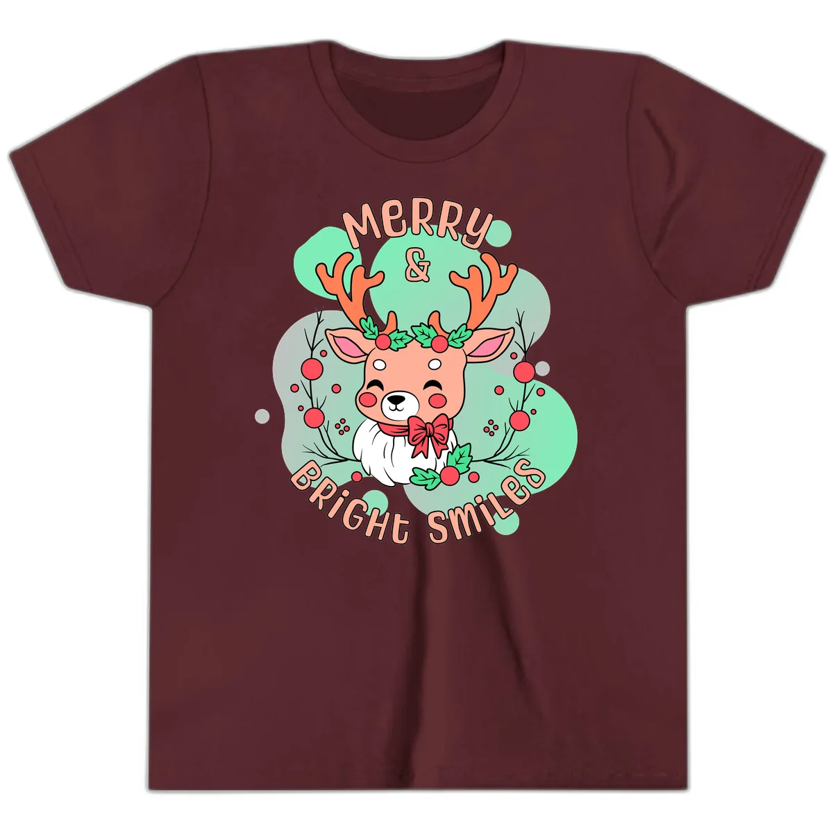 Merry And Bright Smiles Reindeer Youth T-Shirt in Maroon
