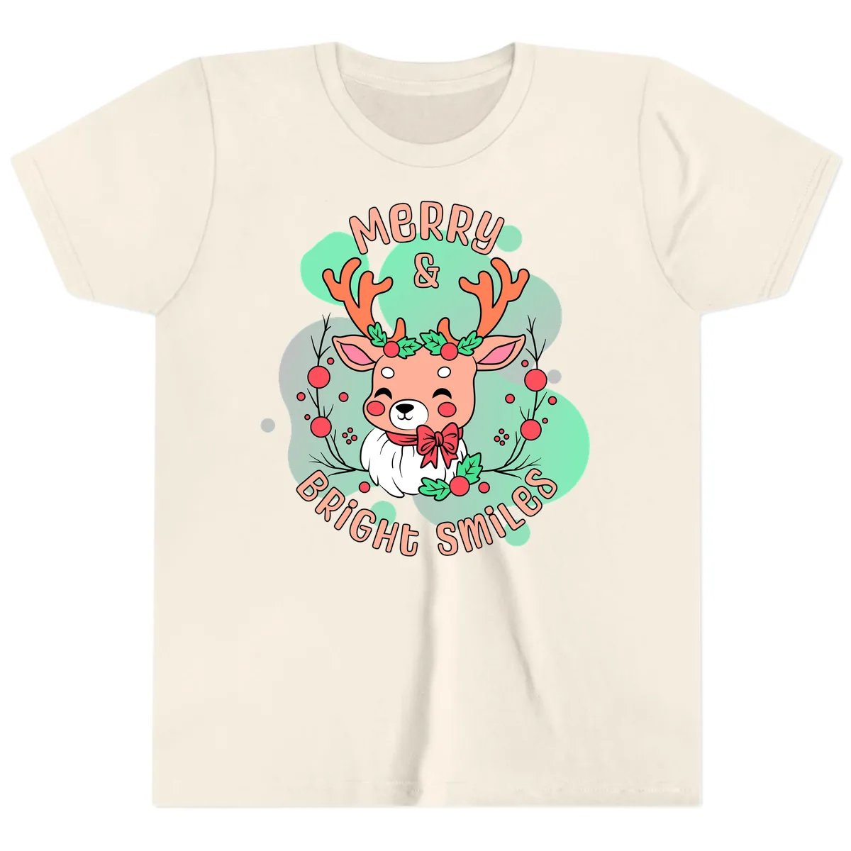 Merry And Bright Smiles Reindeer Youth T-Shirt in Natural