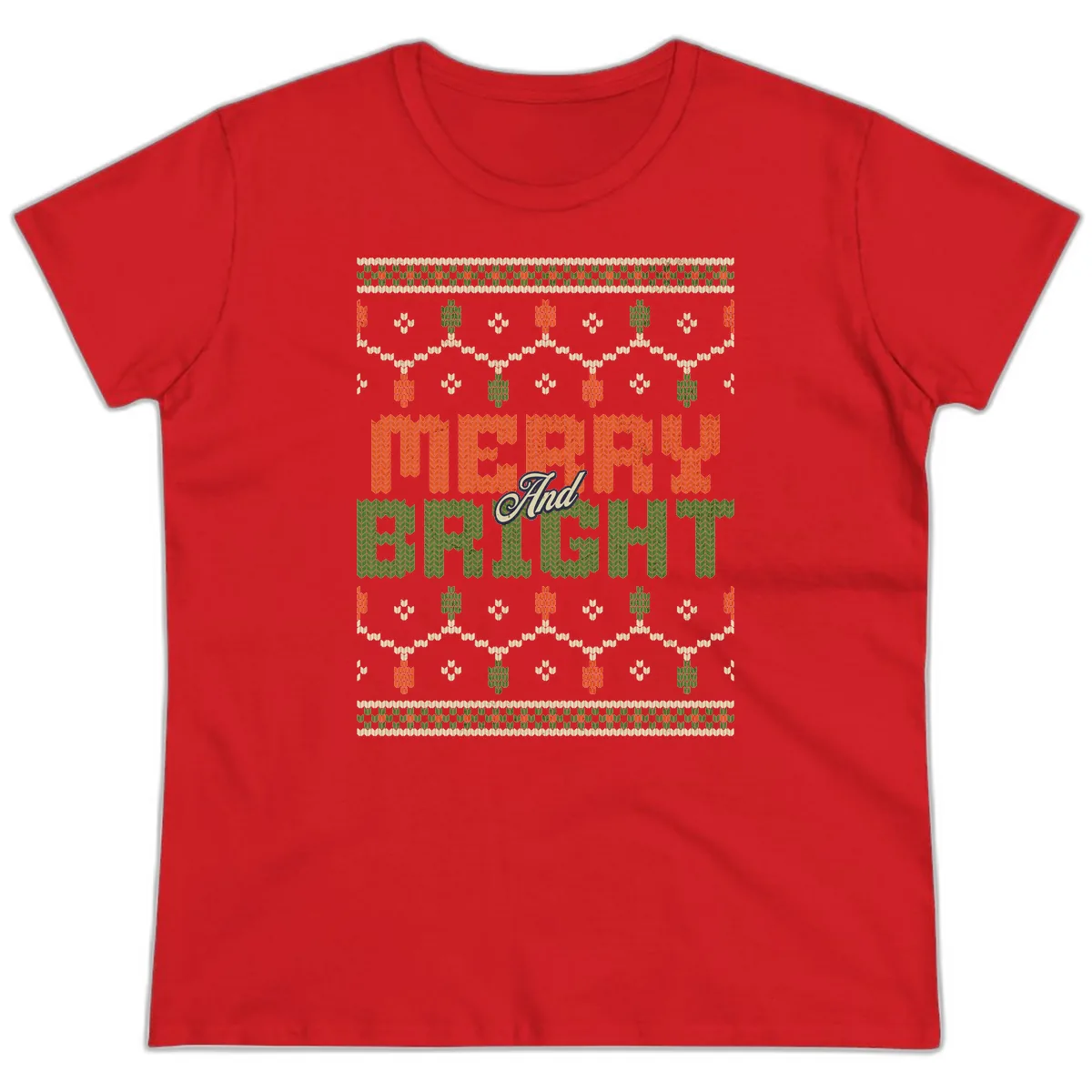 Merry And Bright Ugly Sweater Design Ladies Tee in Red