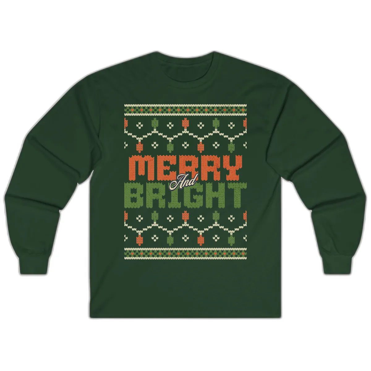 Merry And Bright Ugly Sweater Design Long Sleeve in Forest Green