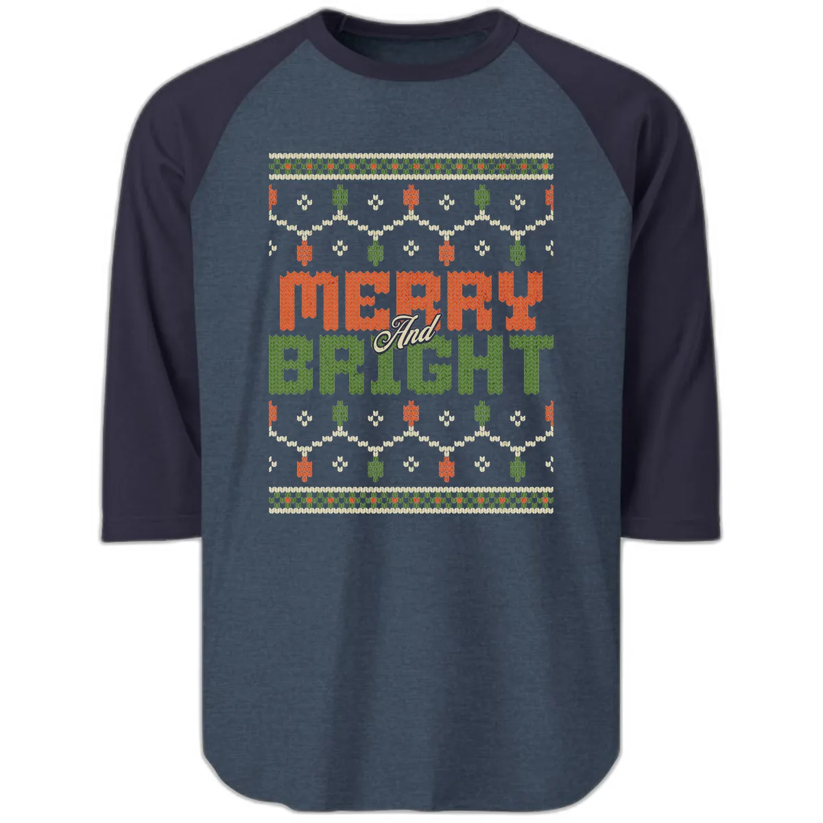 Merry And Bright Ugly Sweater Design Raglan 3/4 in Heather Denim Navy