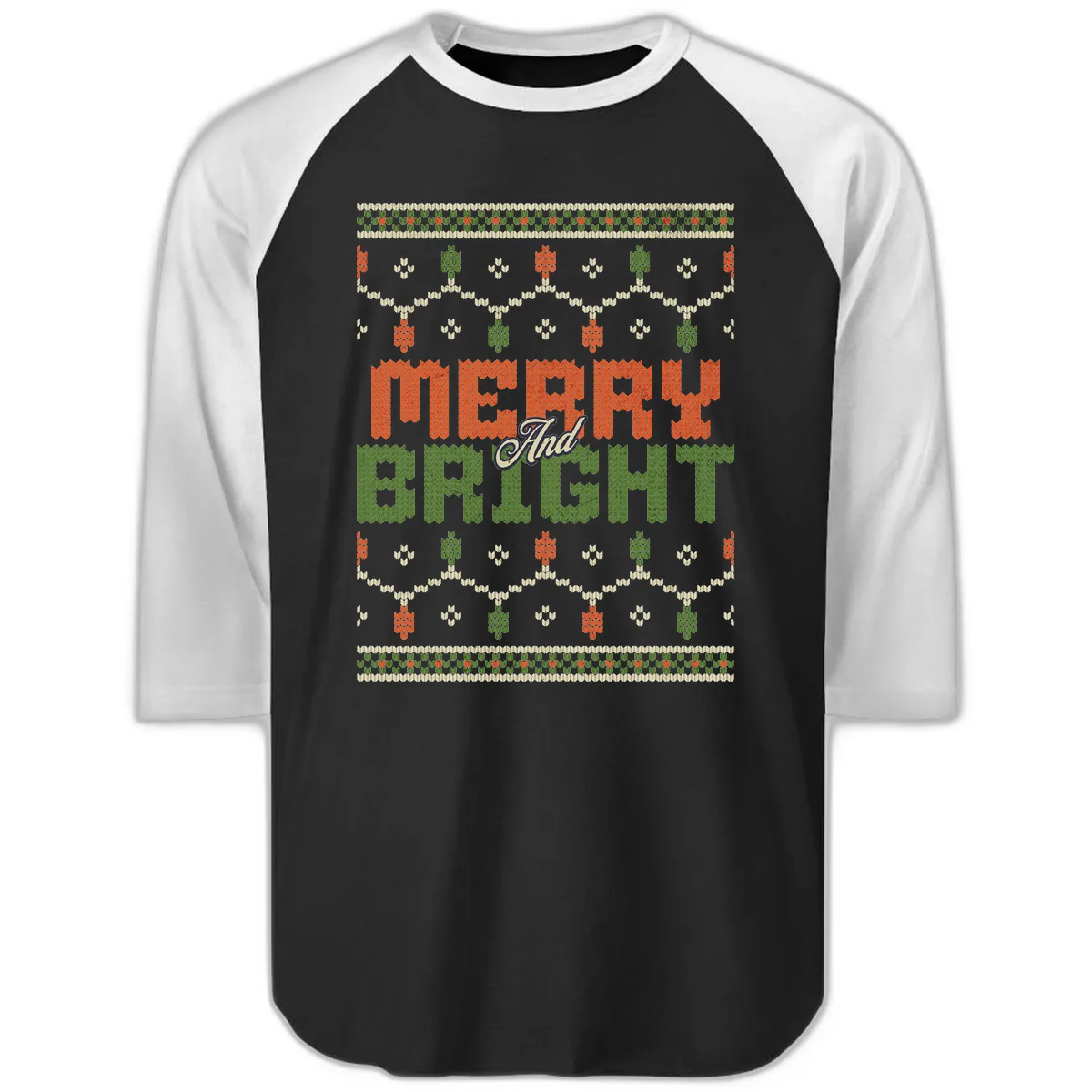 Merry And Bright Ugly Sweater Design Raglan 3/4 in Black White