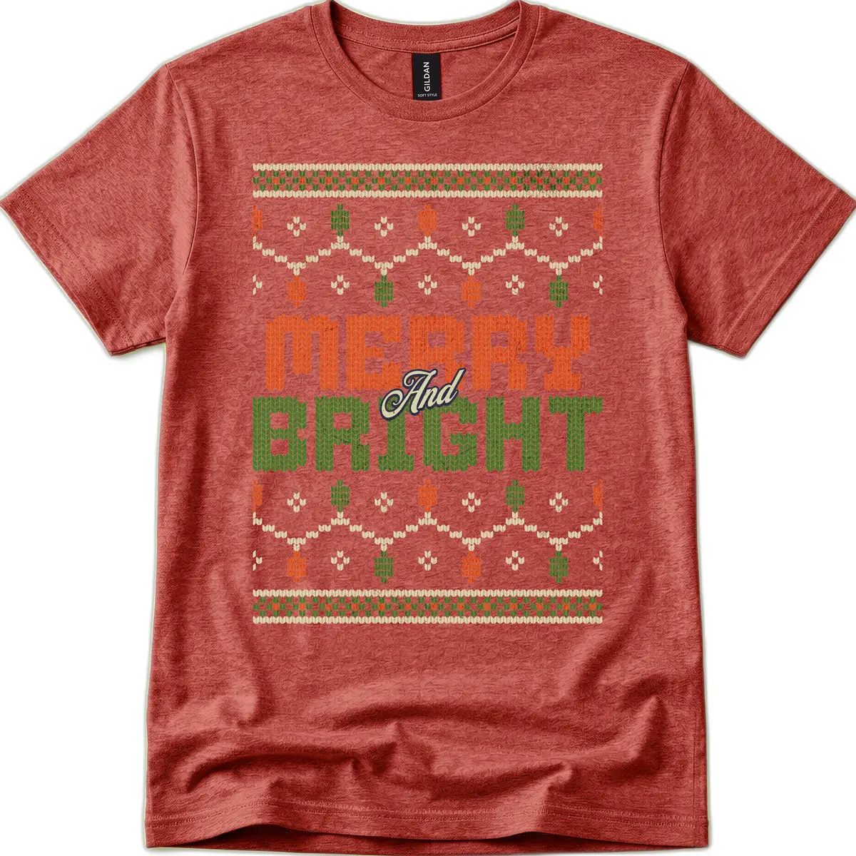Merry And Bright Ugly Sweater Design T-Shirt in Heather Cardinal