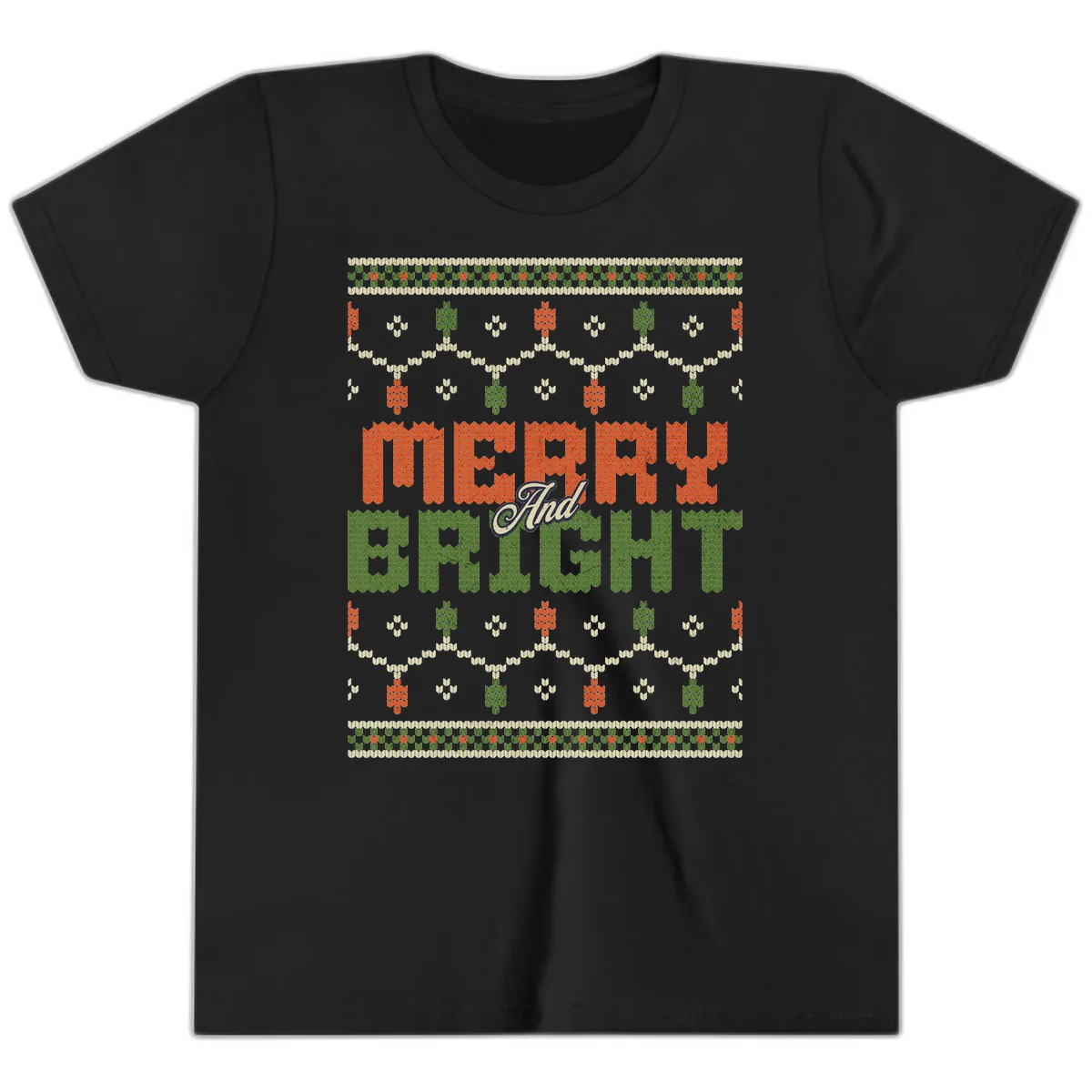 Merry And Bright Ugly Sweater Design Youth T-Shirt in Black