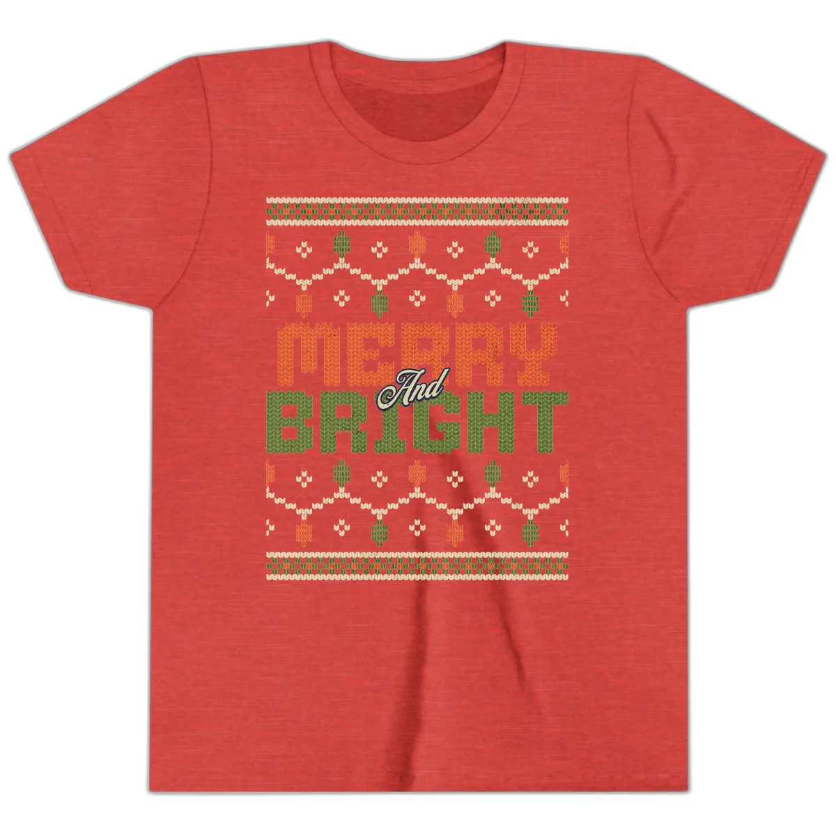 Merry And Bright Ugly Sweater Design Youth T-Shirt in Heather Red