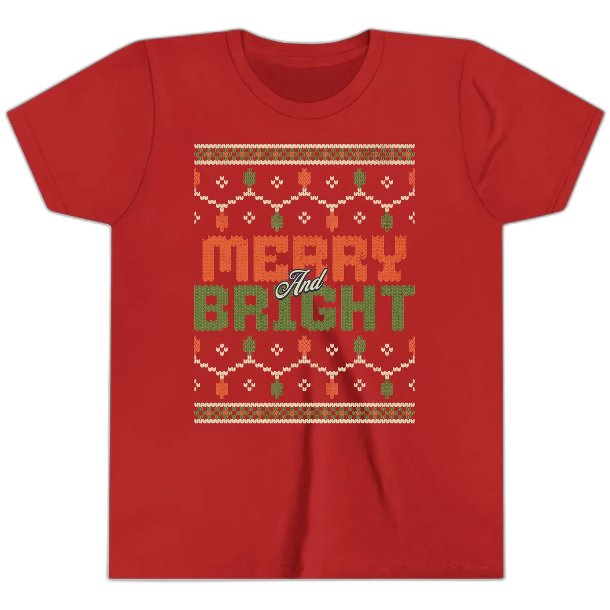 Merry And Bright Ugly Sweater Design Youth T-Shirt in Red