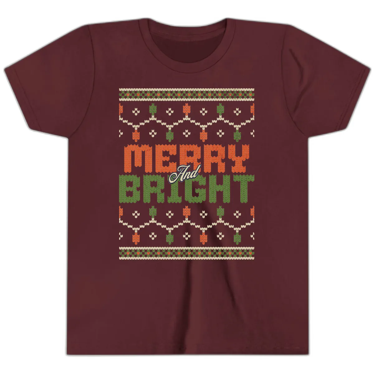 Merry And Bright Ugly Sweater Design Youth T-Shirt in Maroon