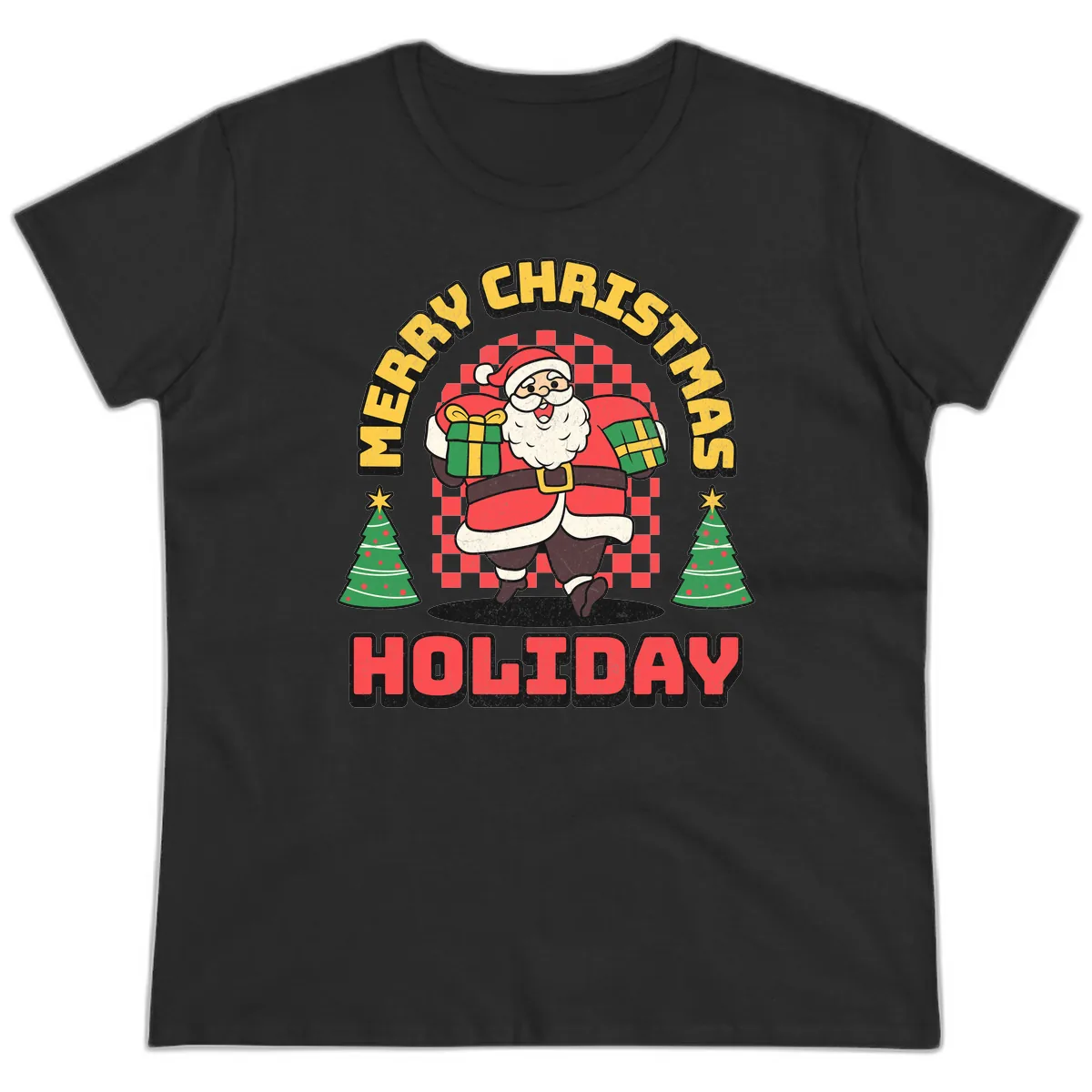 Santa's Merry Holiday Gifts Ladies Tee in Black