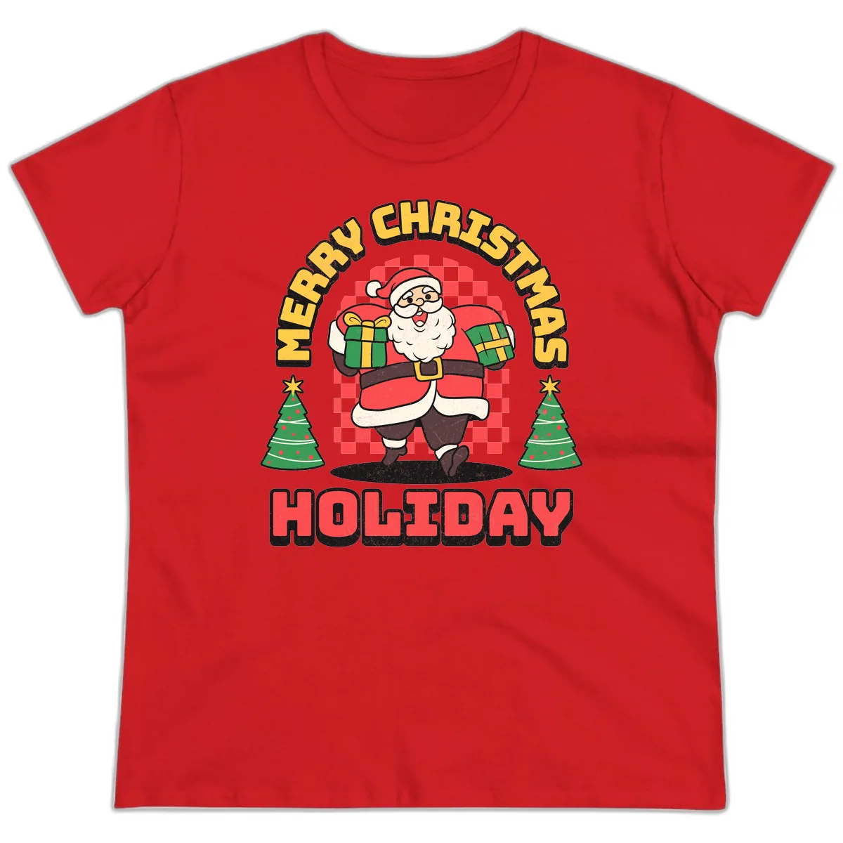 Santa's Merry Holiday Gifts Ladies Tee in Red