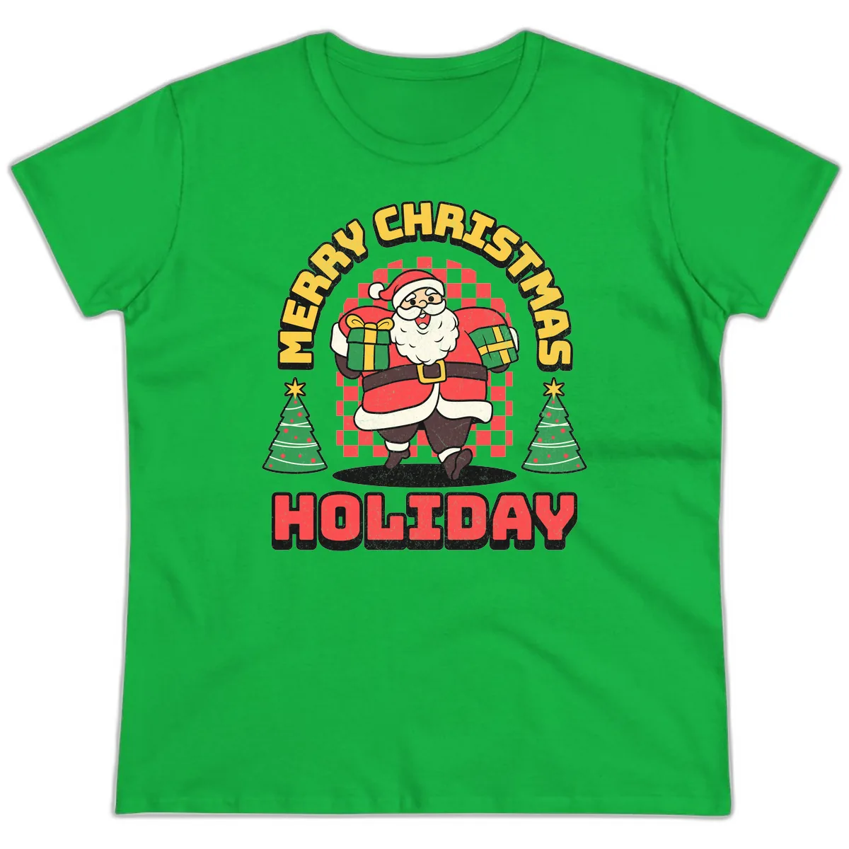 Santa's Merry Holiday Gifts Ladies Tee in Irish Green