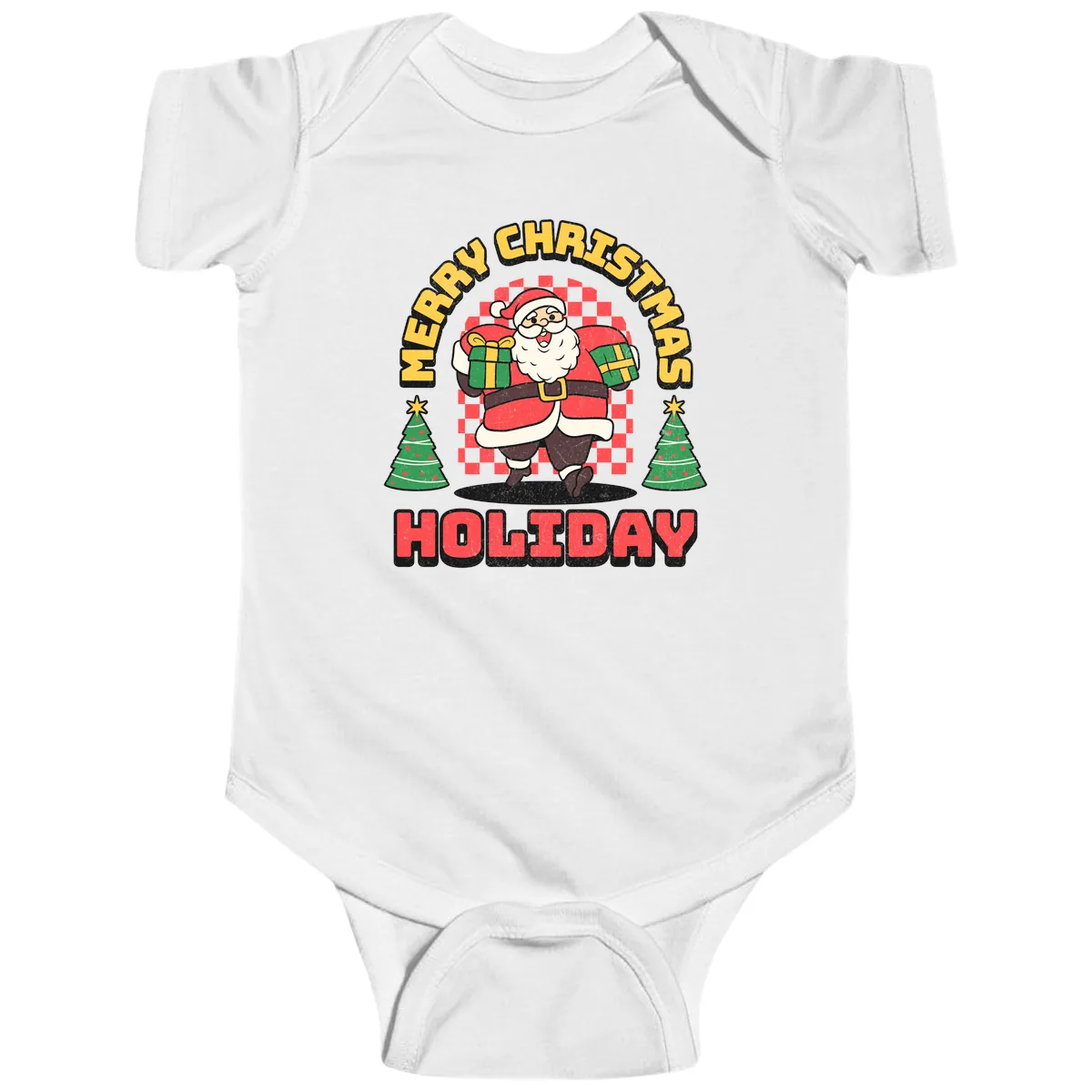 Santa's Merry Holiday Gifts Baby Onesie in White