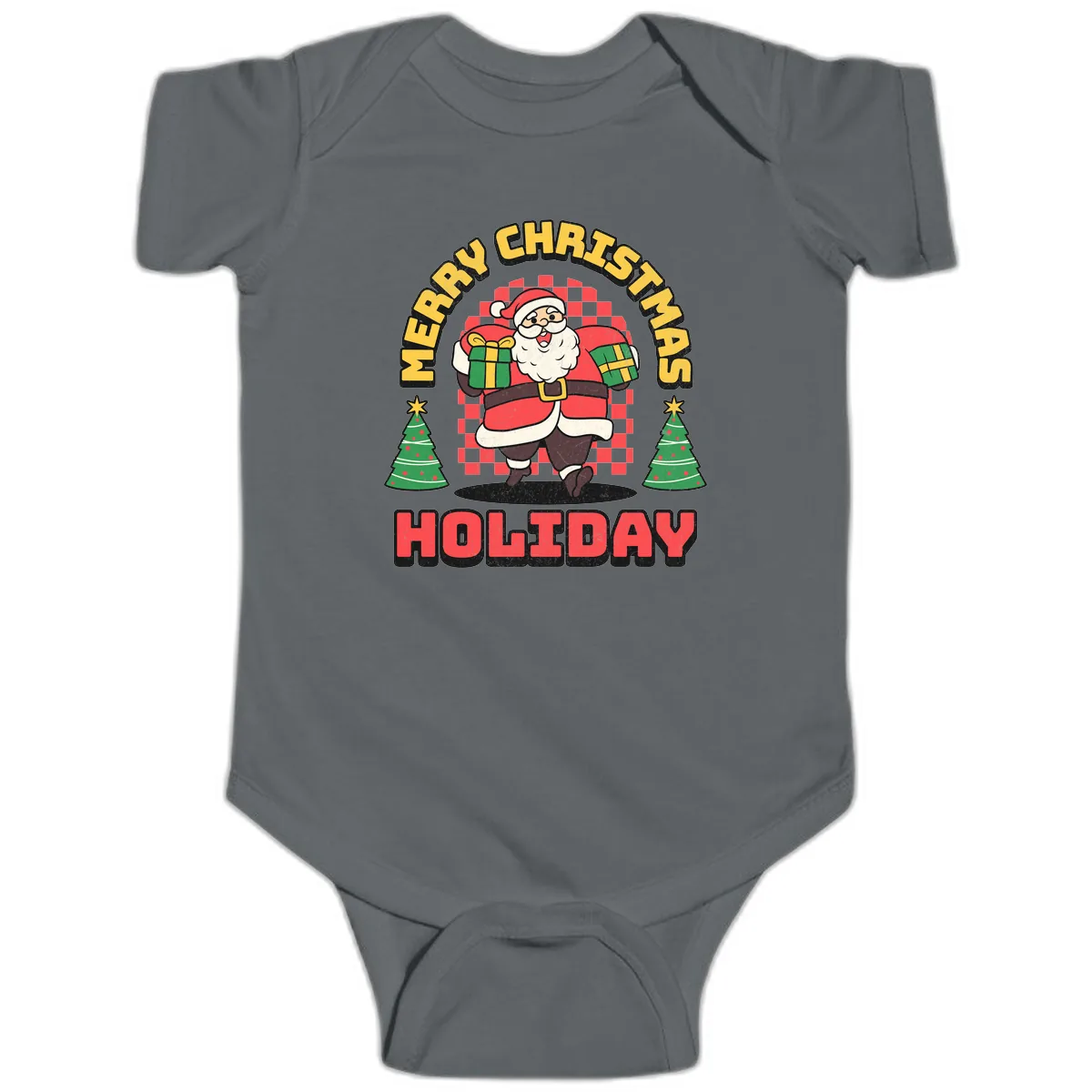 Santa's Merry Holiday Gifts Baby Onesie in Charcoal