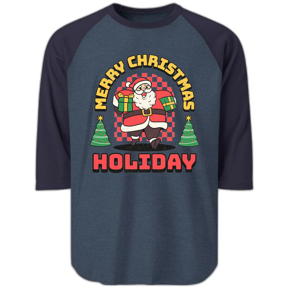 Santa's Merry Holiday Gifts Raglan 3/4 in Heather Denim Navy