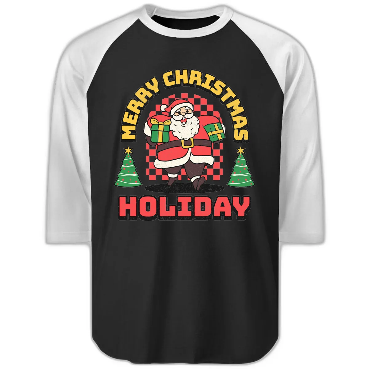 Santa's Merry Holiday Gifts Raglan 3/4 in Black White