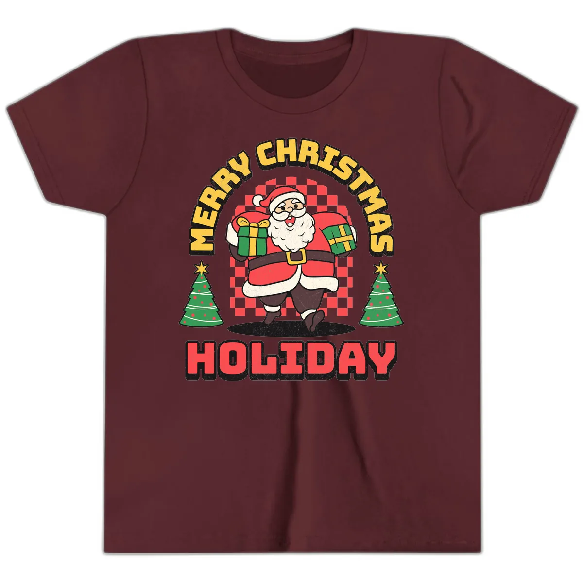 Santa's Merry Holiday Gifts Youth T-Shirt in Maroon