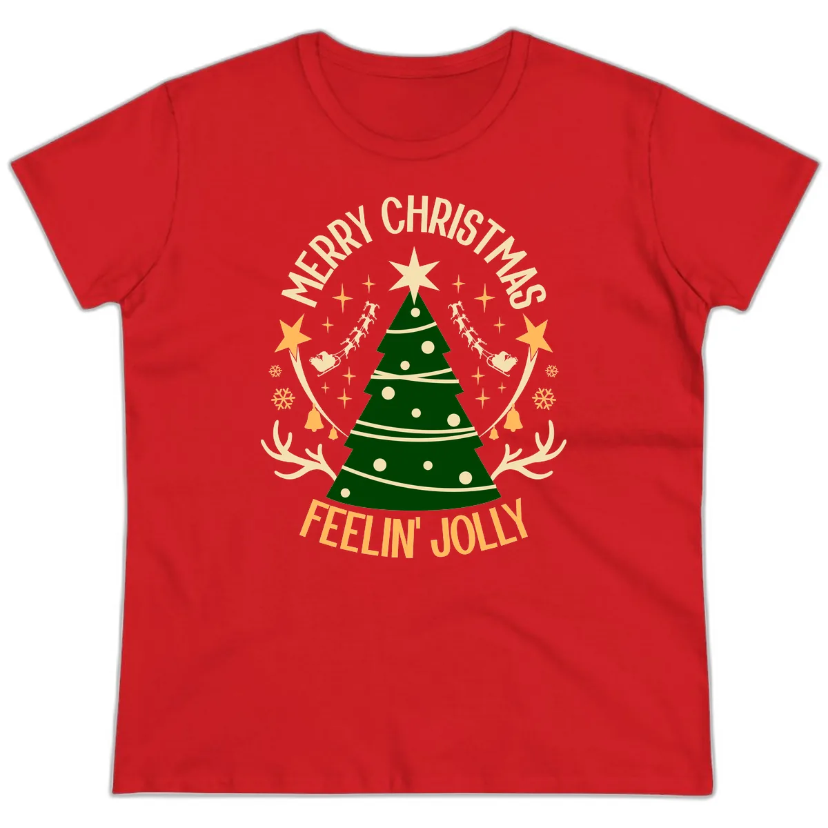Merry Christmas Feelin' Jolly Ladies Tee in Red