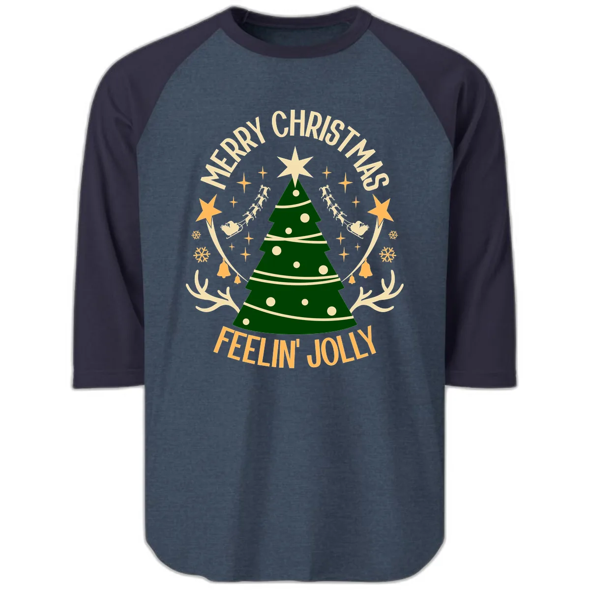 Merry Christmas Feelin' Jolly Raglan 3/4 in Heather Denim Navy